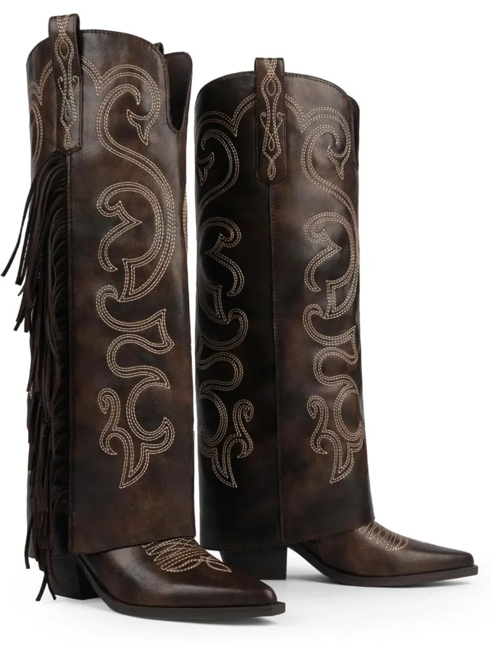 Women's Retro Brown Knee High Cowboy Boots Chunky Block High Heel Half Zipper